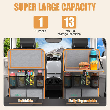 Plzpik Car Backseat Organizer with Tray(2Pack),13 Storage Pockets with Foldable Food Tray, Protector Kick Mats for Kids, Travel Accessories Organizer (Black)