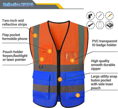 Reflective Mesh Safety Vest, Breathable Hi Vis Vest Construction Work with 5 Pockets and Zipper for Men Women