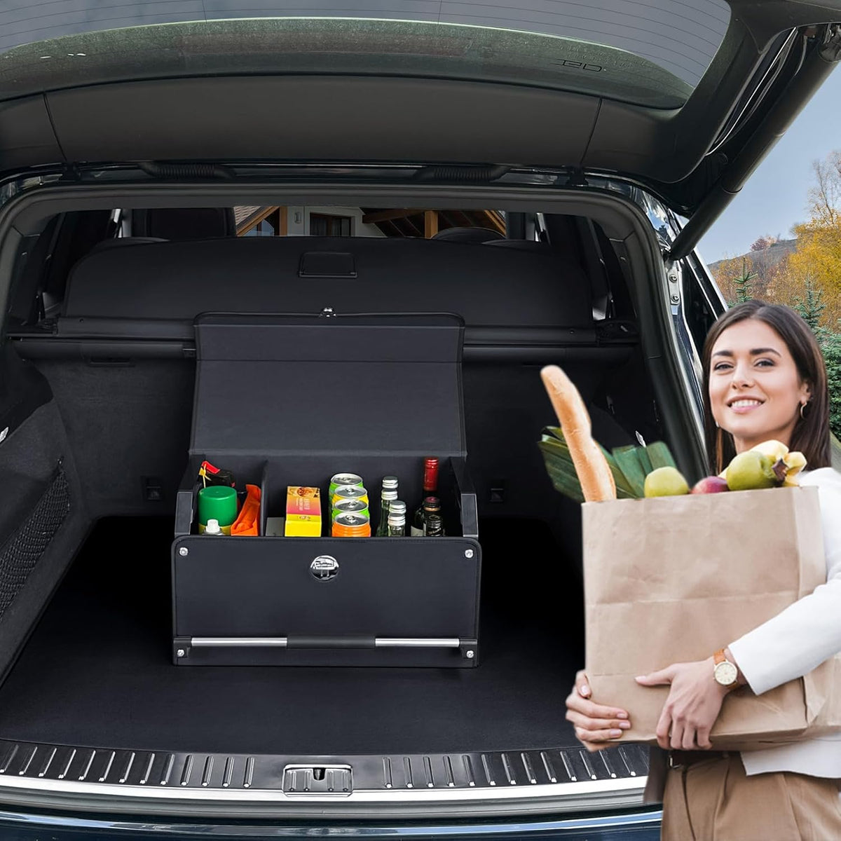 XCF Car Trunk Organizer, Leather Trunk Organizer for SUV with Lid and Sturdy Handle Car Storage Organizer (Black, 20.47 x 11.42 x 12.2in)