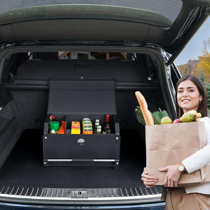 XCF Car Trunk Organizer, Leather Trunk Organizer for SUV with Lid and Sturdy Handle Car Storage Organizer (Black, 20.47 x 11.42 x 12.2in)