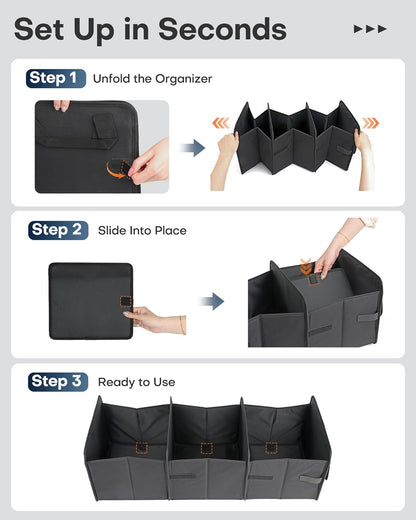 HOTOR Tactical Car Trunk Organizer - Foldable Trunk Organizer for SUV with Front MOLLE Pocket & Reflective Strips, Essential Car Accessories for Tools & Outdoor Storage, 12.8" x 21.7" x 11.0", Black