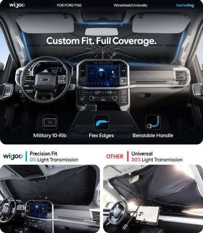Wigoo Windshield Sun Shade Umbrella, 100% Sun Block, 5th-Gen Ice-Shield Cooling Tech, Reflective Heat Insulation, Portable & Foldable Front Window Sunshade Universal Fit Sedans/SUVs - M: 57"x32"