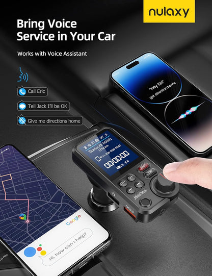 Nulaxy KM30 Bluetooth Car Adapter, FM Transmitter with 1.8" Color Screen, Hands-Free Calling Strong Mic, QC3.0 Fast Charging, Treble & Bass Sound Music Player, Wireless Radio Receiver, AUX TF USB