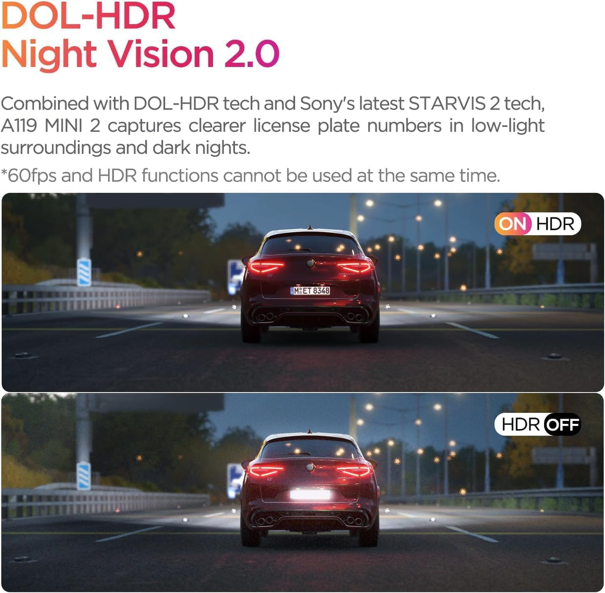 VIOFO Dash Cam A119 Mini 2, STARVIS 2 Sensor, 2K 60fps/HDR 30fps Voice Control Car Dash Camera with 5GHz Wi-Fi GPS, Night Vision 2.0, 24H Parking Mode, Supercapacitor (SD Card Not Included)