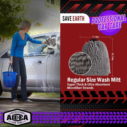 AIDEA Car Wash Mitt Microfiber, 1PK-Scratch-Free& Lint-Free, Premium Chenille Microfiber Mitt Car Wash Brush-Green Regular Size (7.12''X10.14'')