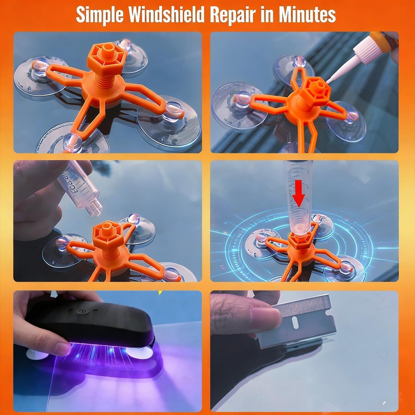 Windshield Repair Kit, Windshield Crack Repair Kit with Suction Cup Curing Light, 2 Pcs Car Glass Repair Kit Quick Fix for Chips & Cracks, Windshield Chip Repair Kit, Automotive Nano Fluid (Mandarin)