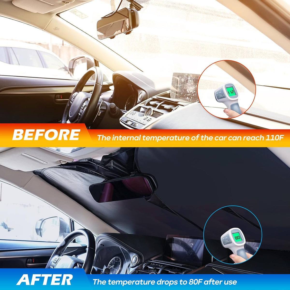 Car Windshield Sun Shade - Reflector Sunshade Offers Ultimate Protection for Car Interior, Cool Reflective Sun Blocker Fits Small Sedans, Mini SUVs