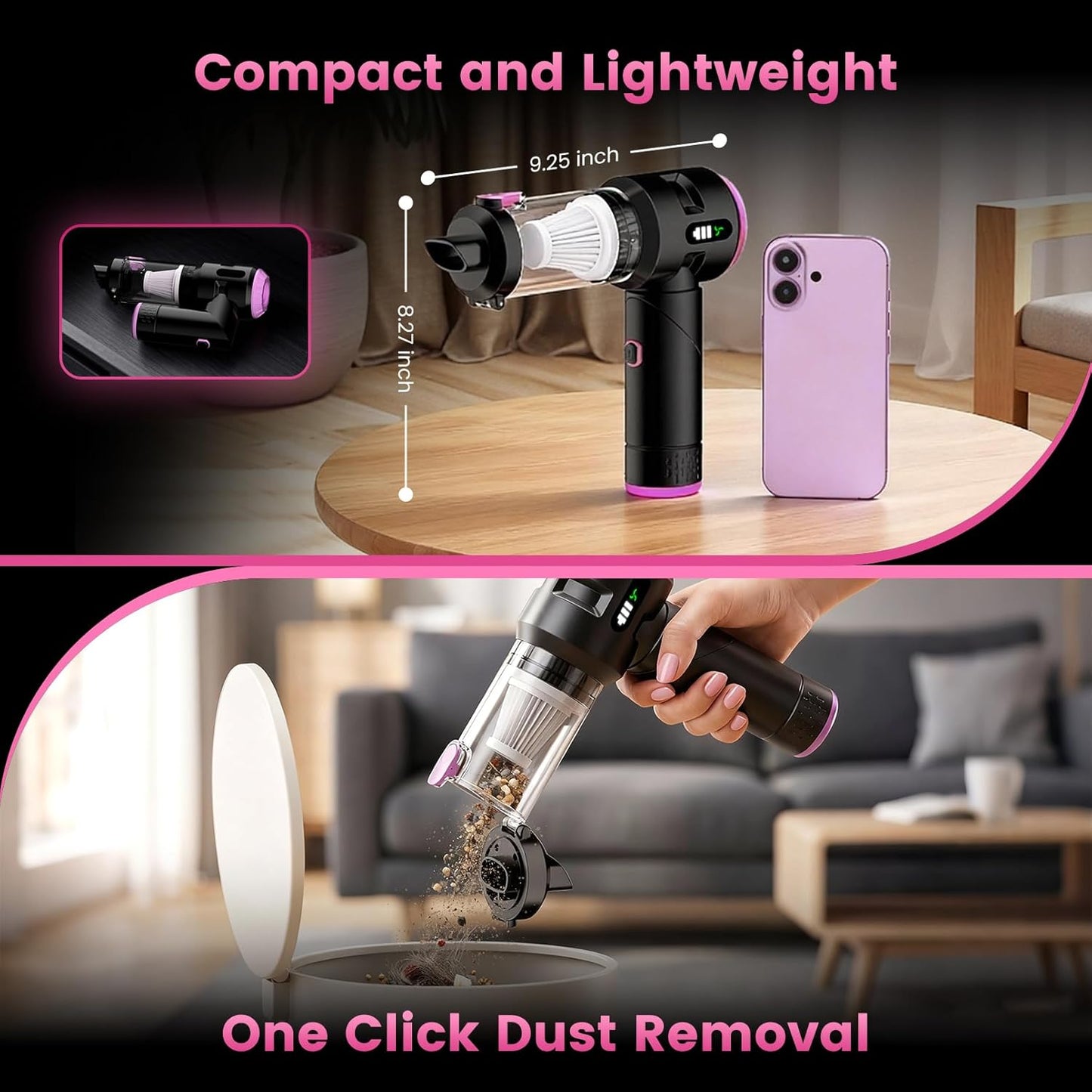 Wansimoo Handheld Car Vacuum Cleaner,25000PA Strong Cyclonic Suction Foldable Mini Vacuum Portable Cordless with Digital Display and One Touch Dust Removal for Car, Home, Office, Kitchen (Purple)
