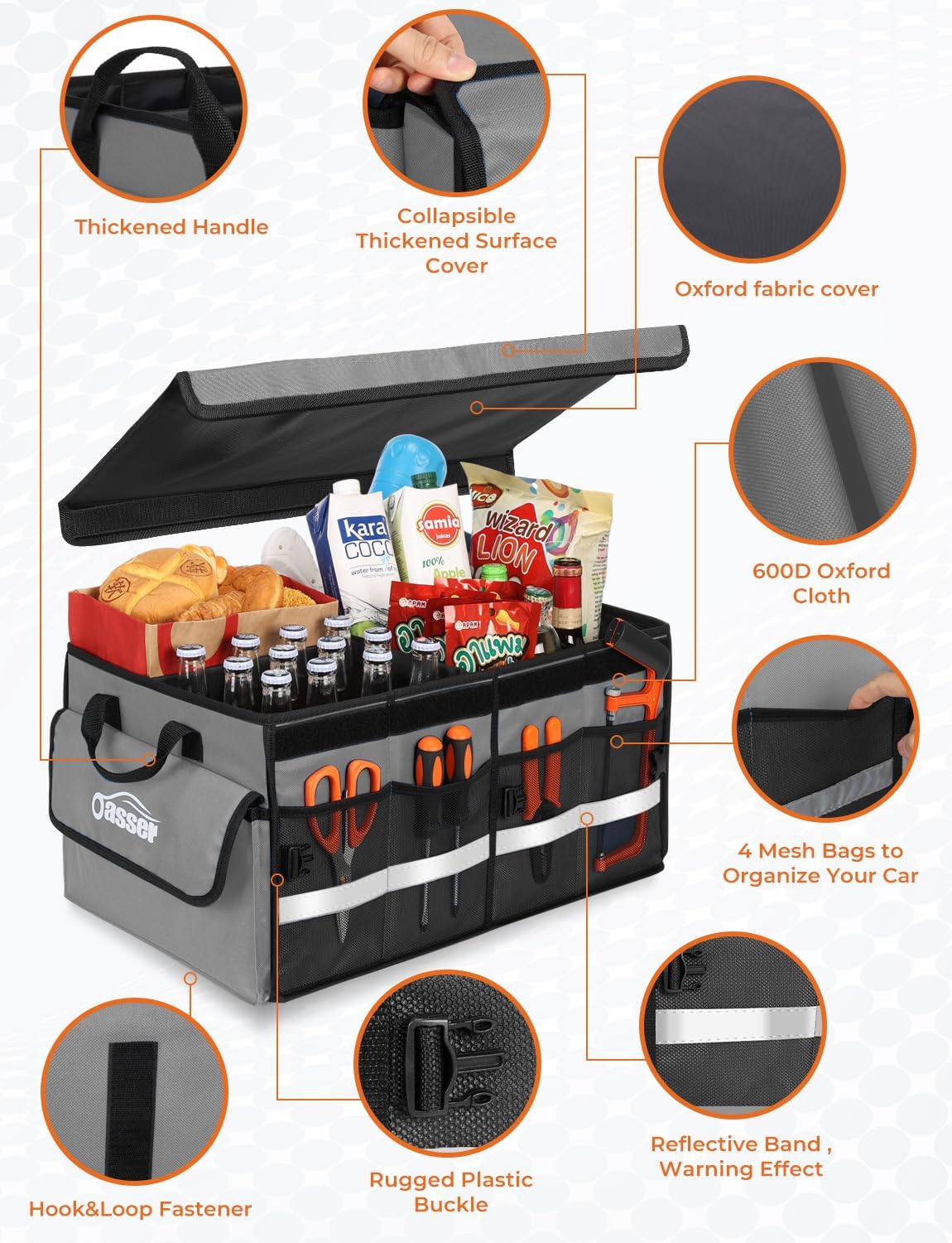 Oasser Car Trunk Organizer, 3 Compartments Collapsible Waterproof Car Organizer Storage with Foldable Cover, Reflective Strip, Non-Slip Bottom, 4 Mesh Pockets for SUV/Truck/Sedan/Camping/Road Trip