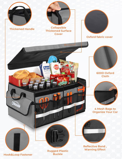 Oasser Car Trunk Organizer, 3 Compartments Collapsible Waterproof Car Organizer Storage with Foldable Cover, Reflective Strip, Non-Slip Bottom, 4 Mesh Pockets for SUV/Truck/Sedan/Camping/Road Trip