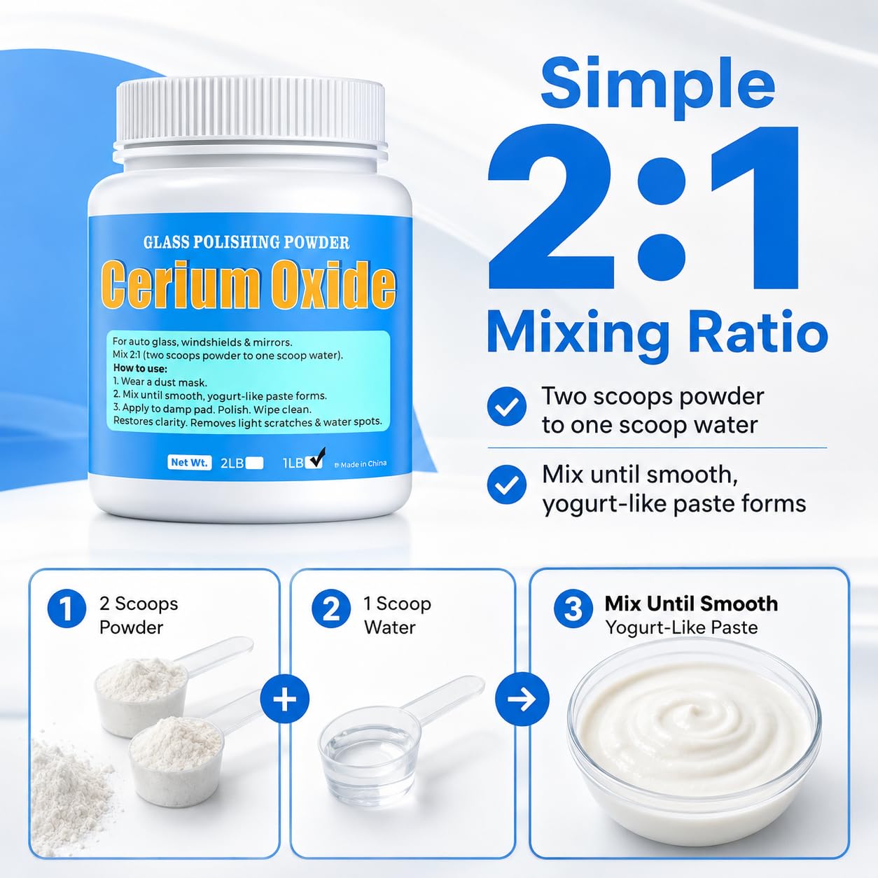 Cerium Oxide Glass Polishing Powder (1 lb) – 99% Pure White 1 Micron Glass Polish Compound for Windshield & Car Window Scratch Repair, Removes Wiper Marks & Water Spots