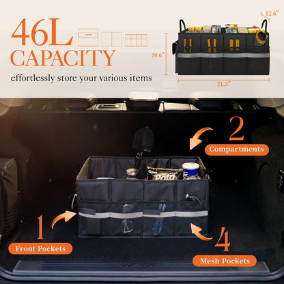 HOTOR Trunk Organizer - Car Organizer with 5 Pockets, Trunk organizer for SUV, Sedan & Van, Car Organization with Sturdy Base Panel for Car Accessories, Black, 2 Compartments, 21.3"×12.6"×10.6"