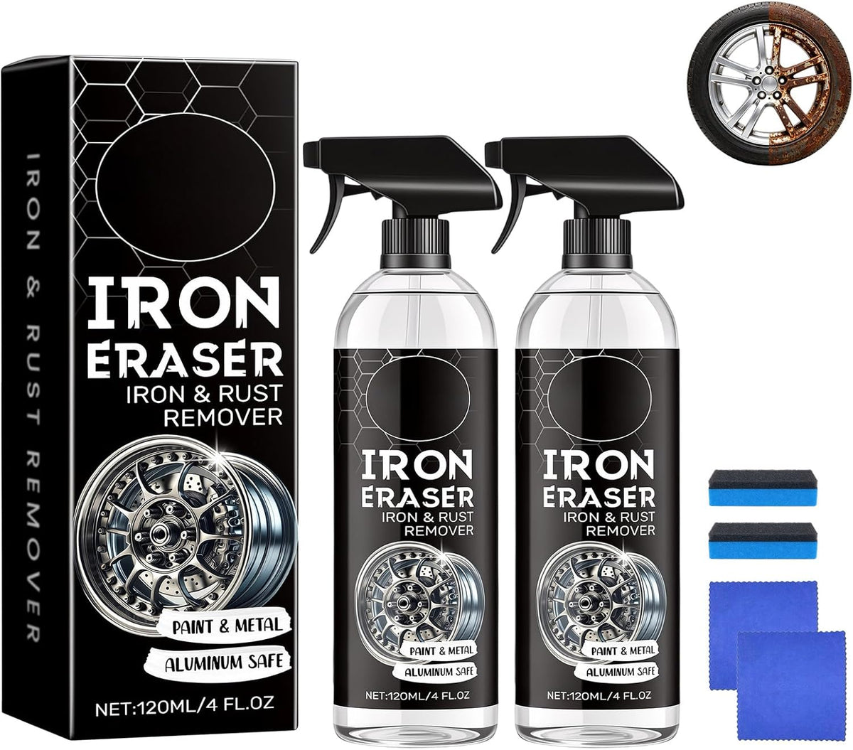 2PCS Iron Eraser Rust Remover Spray, Iron Eraser Iron and Rust Remover with Sponges and Towels, Fast Acting Iron Powder & Rust Cleaner for Light Rust Spots, Metal Surfaces, Cars and Motorcycles