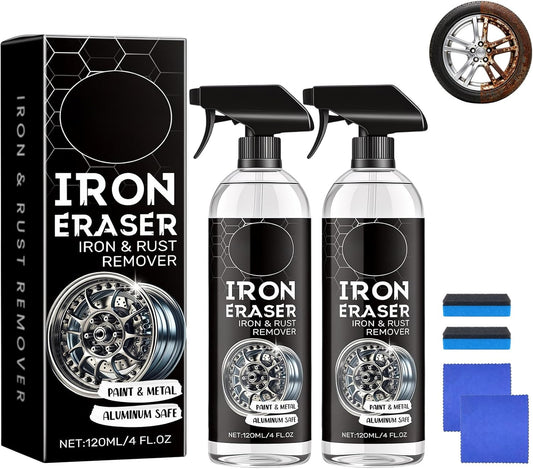 2PCS Iron Eraser Rust Remover Spray, Iron Eraser Iron and Rust Remover with Sponges and Towels, Fast Acting Iron Powder & Rust Cleaner for Light Rust Spots, Metal Surfaces, Cars and Motorcycles