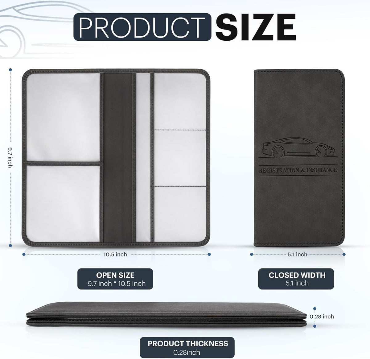 Car Registration and Insurance Card Holder, Magnetic Closure Leather Vehicle Document Organizer, Neat Stitched Glove Box Storage Case, Compact Lightweight Card Holder for Driver License - Black