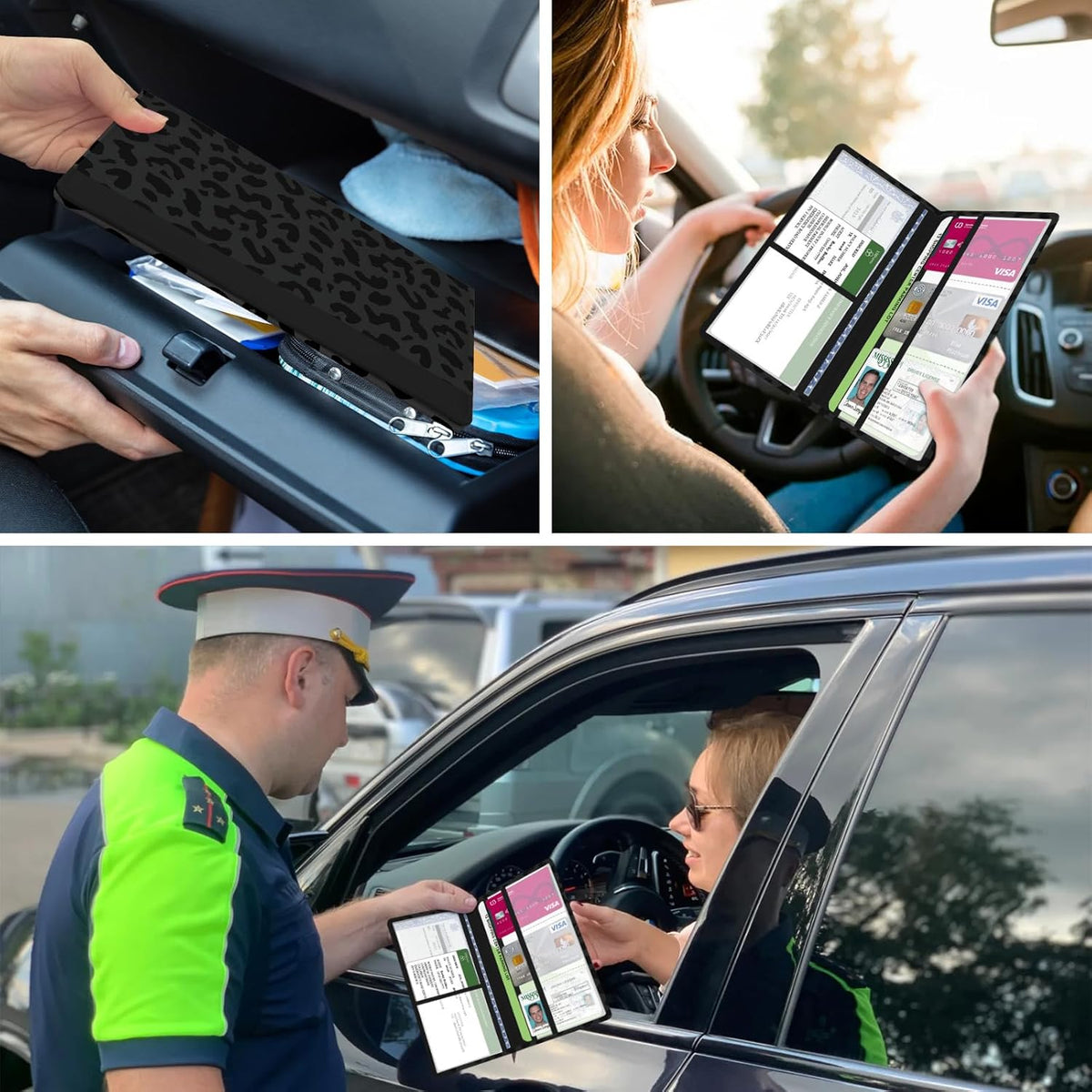 Car Registration and Insurance Holder, with Magnetic Closure for License, Cards and Documents, All Vehicle Needs and Car Accessories (Leopard-Black)