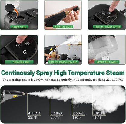2500W Handheld Steam Cleaner, 15s Fast Heat-Up High Temp Pressurized Steamer, 1.2L Large Tank, Portable Steam Cleaning Machine for Home, Kitchen, Bathroom, Car, Grout & Furniture (Black)
