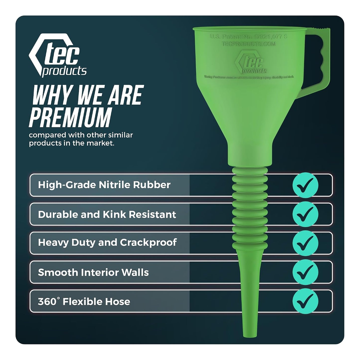 TEC Products FlexAll Long Flexible Funnels - Automotive Oil Funnel with Hose, Durable Nitrile Rubber for Oil Change, Transmission Funnel Fluid, Diesel, Fuel, Gas - Made in USA - Red (16 x 5 Inches)