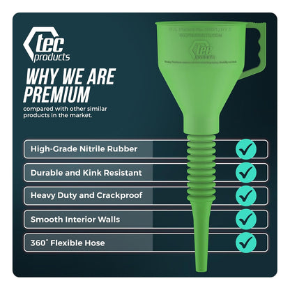 TEC Products FlexAll Long Flexible Funnels - Automotive Oil Funnel with Hose, Durable Nitrile Rubber for Oil Change, Transmission Funnel Fluid, Diesel, Fuel, Gas - Made in USA - Red (16 x 5 Inches)