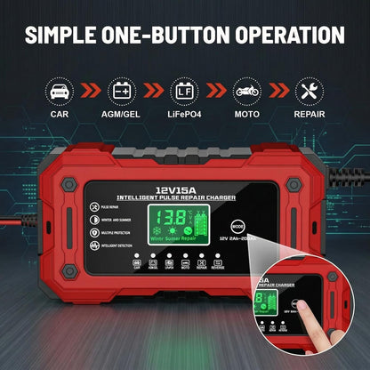 Battery Charger 15A 12V Fully Automatic Smart Trickle Car Battery Charger Maintainer with LCD Display & Temperature Compensation for Car Truck Motorcycle Lawn Mower Boat
