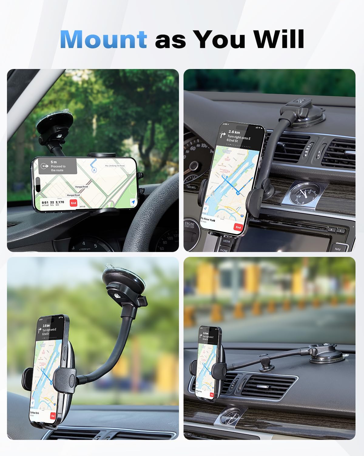 1Zero Solid Car Truck Phone Mount Holder with 14-Inch Gooseneck Long Arm, Windshield Window Mobile Holders w/Industrial-Strength Suction Cup, Anti-Shake Stabilizer Compatible All Cell Phones iPhone