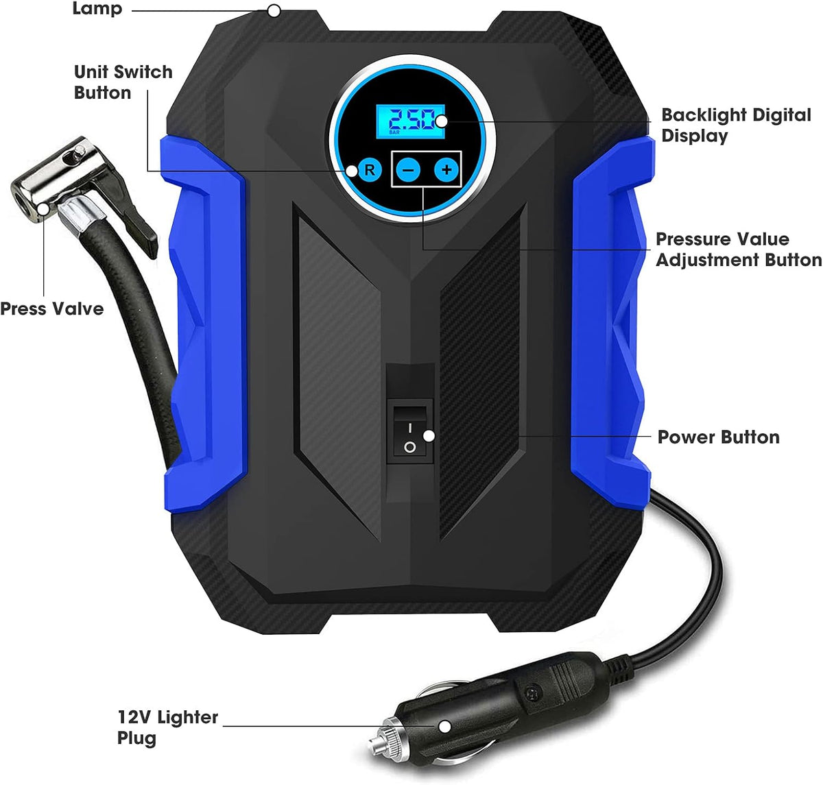 Digital Air Compressor for Car Auto Pump Portable Tire Inflator with LED Light DC 12V