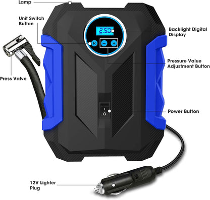 Digital Air Compressor for Car Auto Pump Portable Tire Inflator with LED Light DC 12V