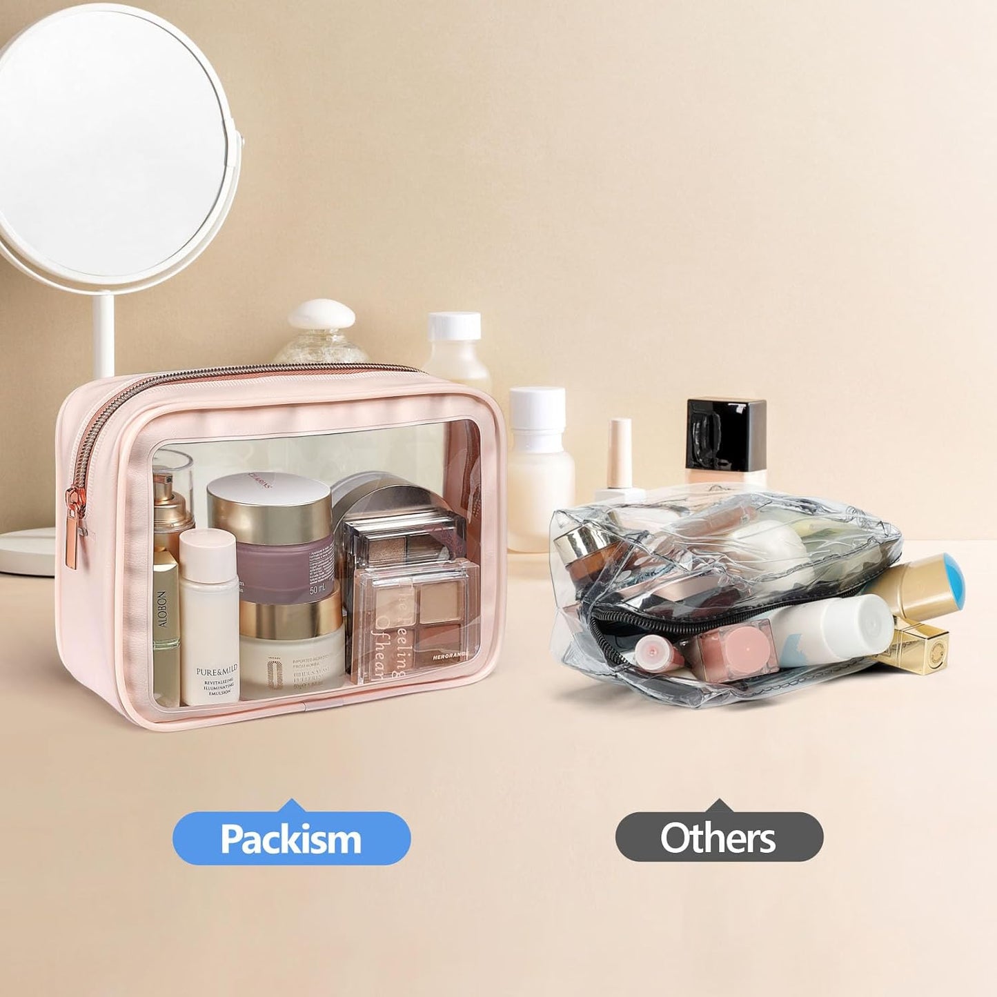 PACKISM Clear Makeup Bag - TSA Approved Toiletry Bag for Carry-on & Checked Luggage, Water Resistant Car Storage Organizer with Reinforced Seams