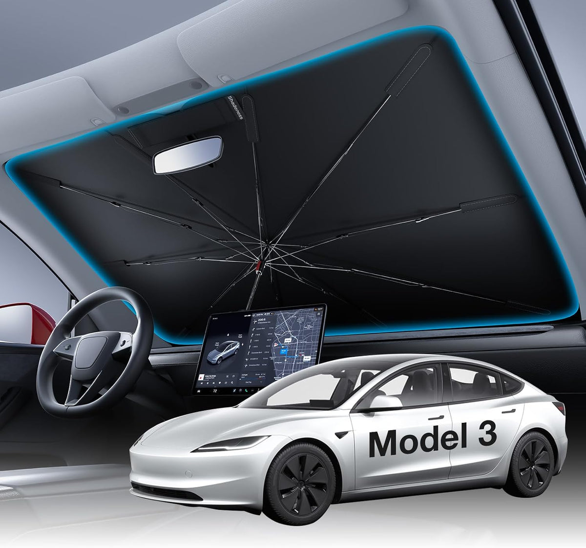 Wigoo Windshield Sun Shade Umbrella for Tesla Model Y [100% Sun Blockage, Ice Cooling Fabric] Foldable Heat Insulation Front Window Sunshade Umbrella for Tesla Model Y 2020–2026 (Juniper)