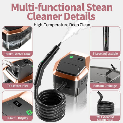Steam Cleaner for Home & Car, 3-Level Adjustable Steamer for Cleaning with Temp Display,15s Fast Heat,1.8L Large Tank, 4Bar Powerful Steam for Grout,Grease,Tile,Couch,Toilet, Car Detailing,Windows