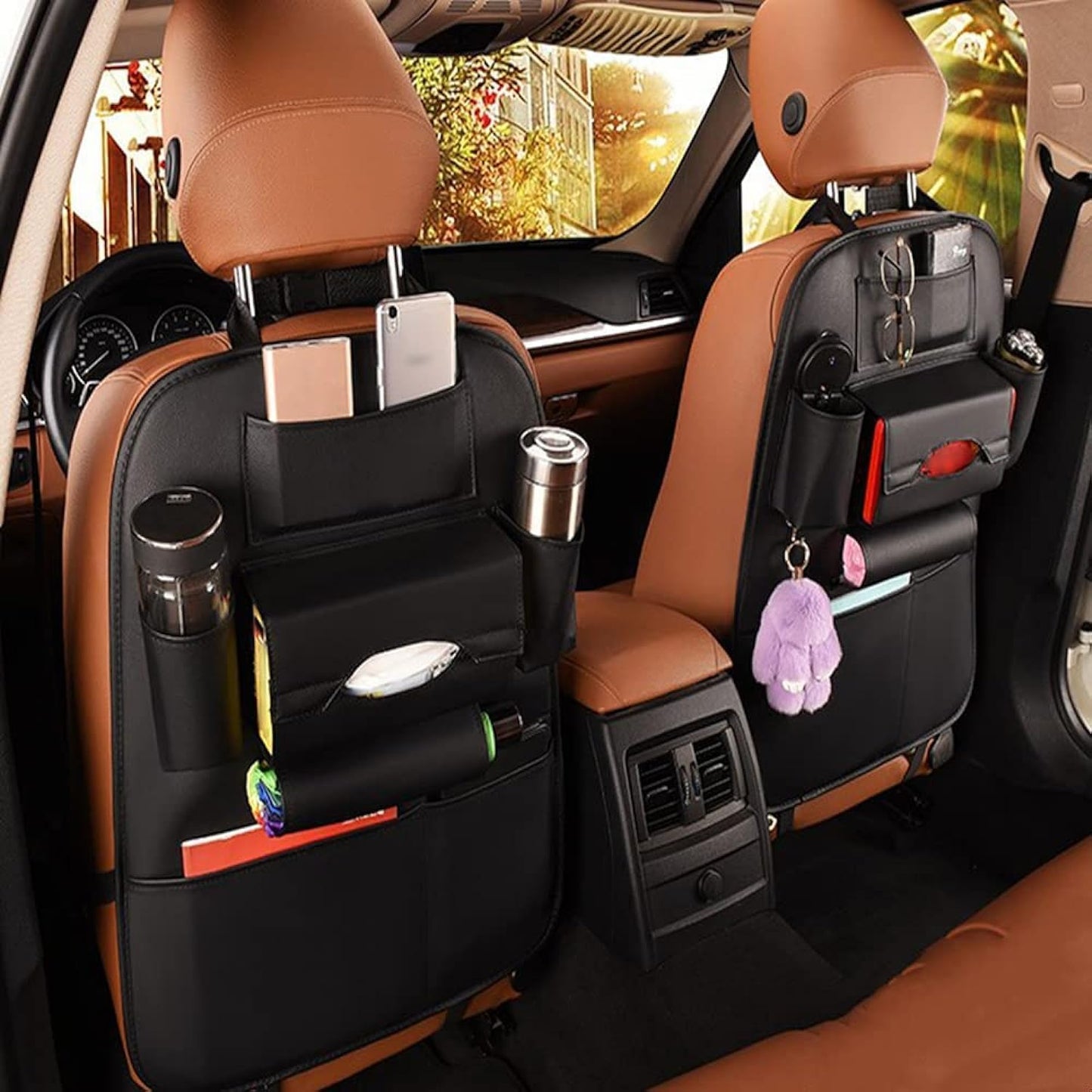 2 Pack PU Leather Premium Car SeatBack Organizer Travel Accessories Kick mats Back seat Protector and Cup Holder Holder Universal Use Seat Covers (23×17 in)