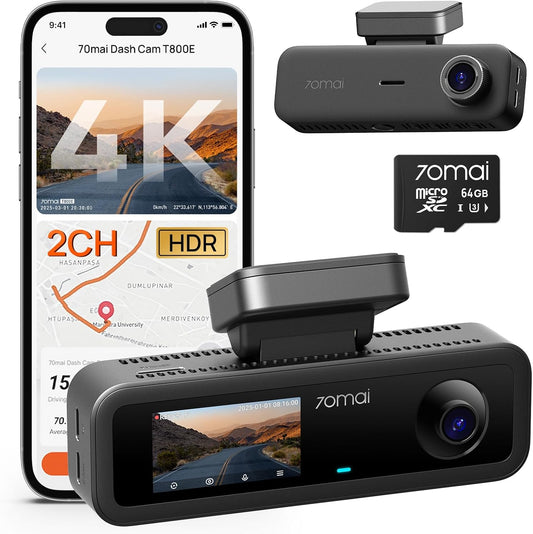 70mai 4K Dash Cam Front and Rear Inside, 3 Channel Car Dash Camera for Cars, Dashcam with GPS, Wi-Fi 6, Voice Control, Parking Monitor, Night Vision, Loop Recording, 64GB SD Card Included (T800E)