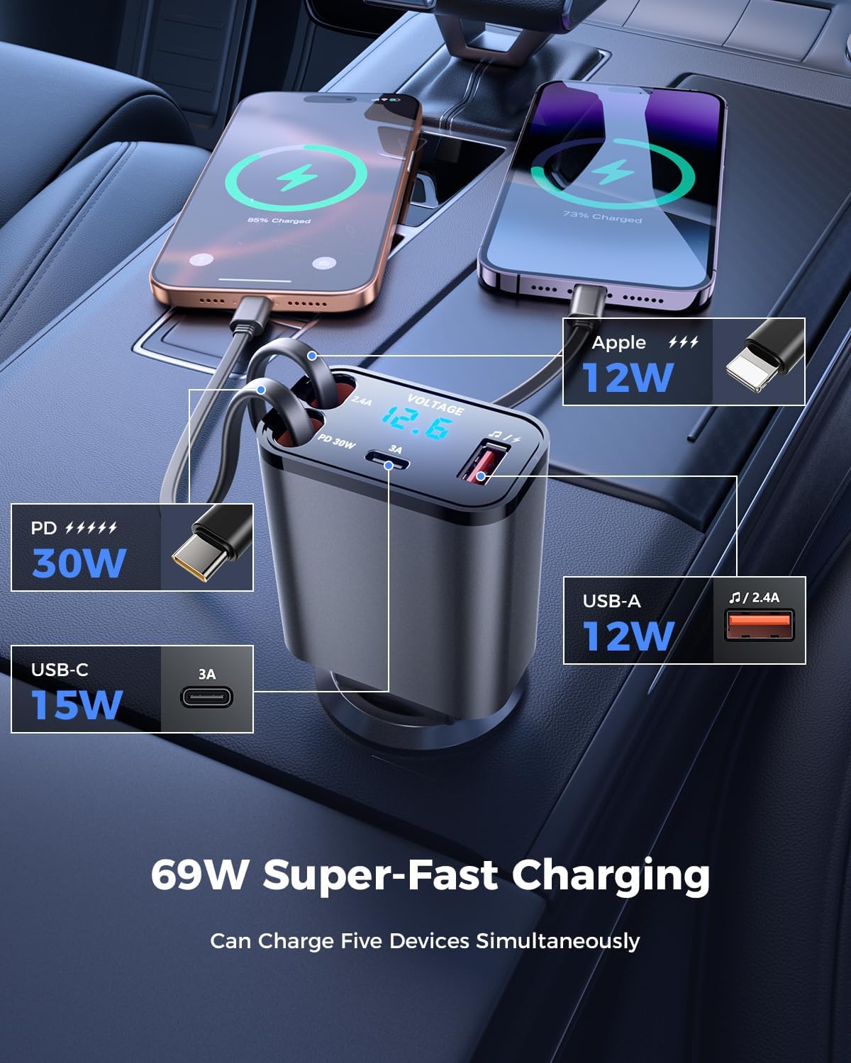 SUPERONE 69W Retractable Car Charger with Dual Cables, Compact Bluetooth 5.3 Car Adapter, FM Transmitter Radio Receiver for Hands-Free Calls & MP3 Music, USB C Fast Charging for iPhone Android