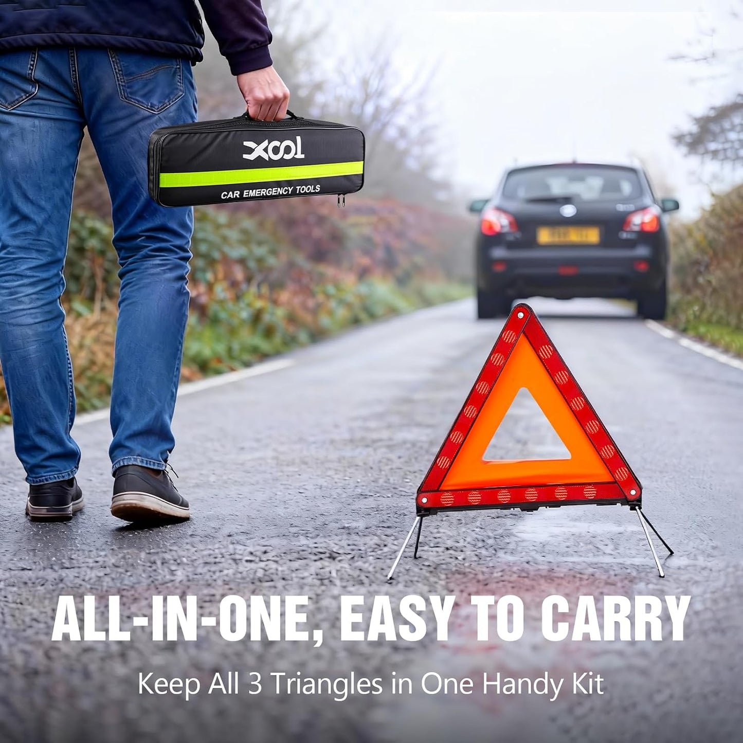 XOOL Emergency Warning Triangle Kit – Roadside Safety Kit with Reflective Warning Triangles, High-Visibility Safety Vests, Storage Bag & Gloves for Car Breakdowns & Emergencies