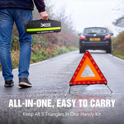 XOOL Emergency Warning Triangle Kit – Roadside Safety Kit with Reflective Warning Triangles, High-Visibility Safety Vests, Storage Bag & Gloves for Car Breakdowns & Emergencies