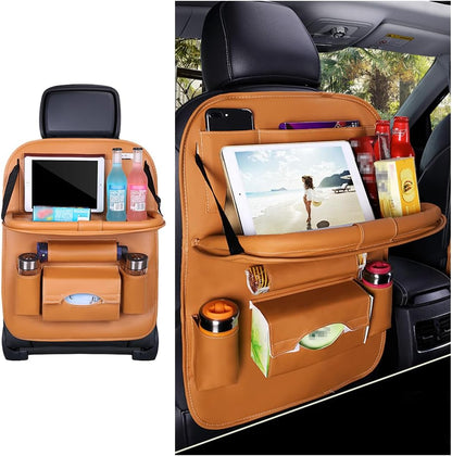 Car Seat Back Organizer, Leather Vehicle Seatback Storage Pocket with Foldable Table Tray, Multifunctional Automotive Backseat Protectors Kick Mats Accessories, Universal Fit (Brown)