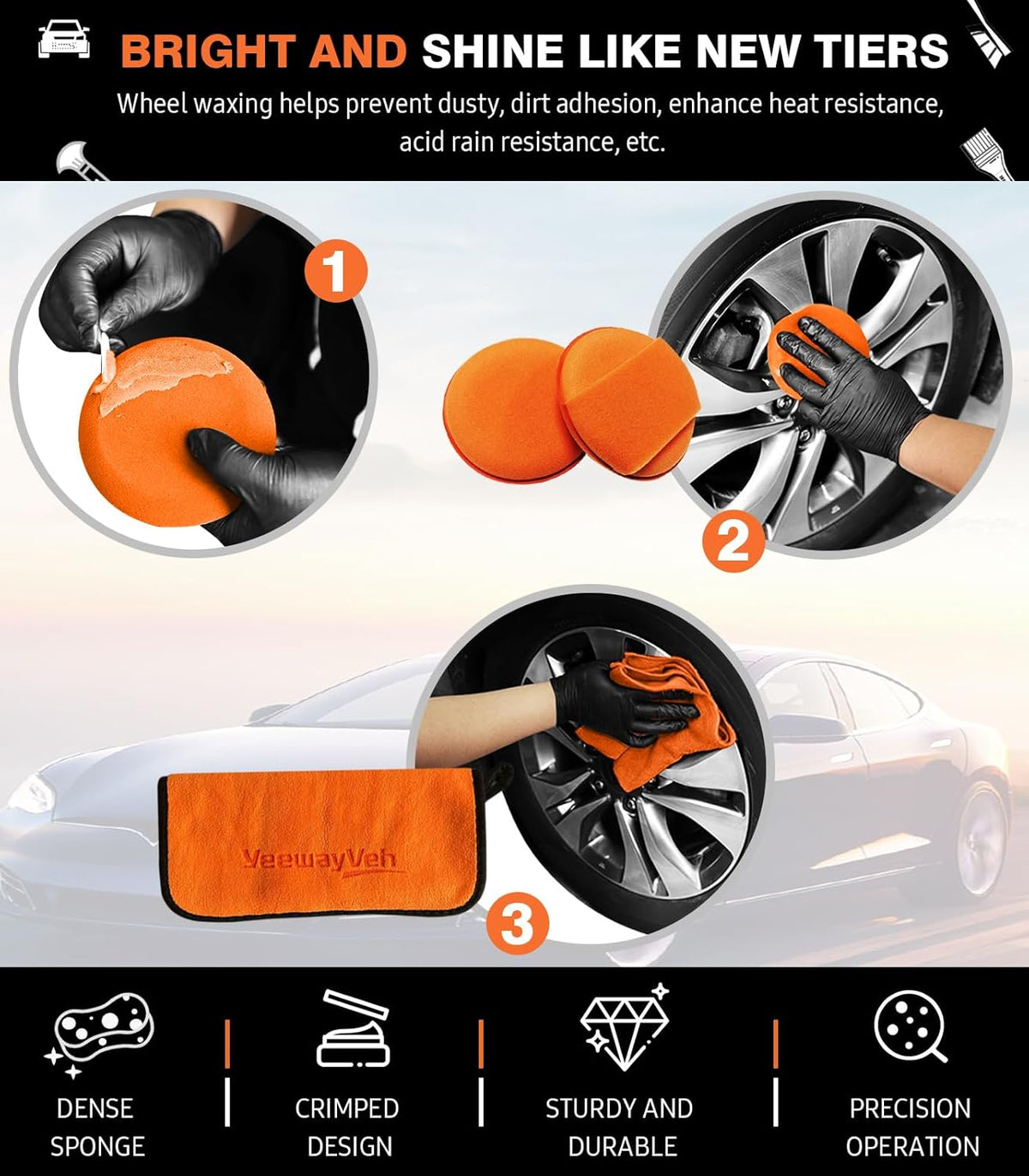 YeewayVeh 3PCS Quick Car Wheel Brush Kit, 2-Size 360° Bendale Rim Cleaner Brushes, Boars Hair Detailing Brush, Fast Scratch-Free Cleaning for Car Wheels, Motorcycle, Orange