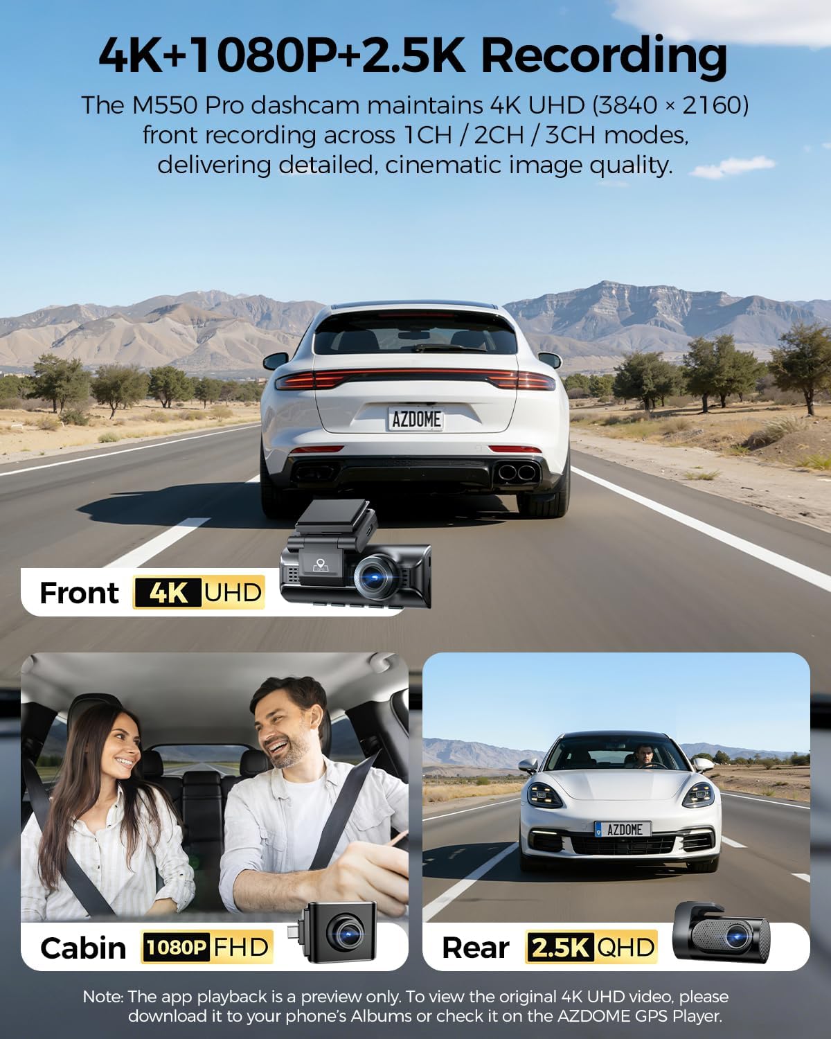 AZDOME M550 Max 4K 3 Channel Dash Cam, Dual STARVIS 2 Sensors, 4K+2.5K+1080P Front and Rear Inside Triple Car Camera, Built-in WiFi GPS, 64GB Card Included, IR Night Vision, Ride Share Accessories