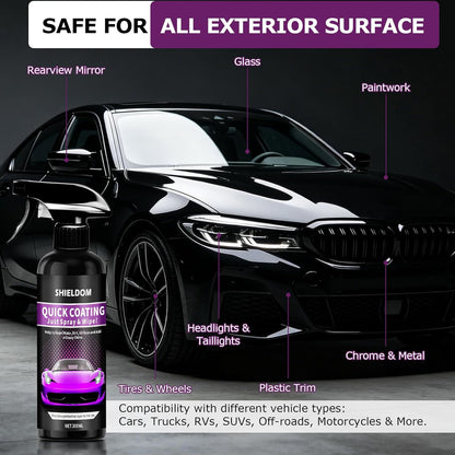 SHIELDOM Ceramic Coating Spray for Cars, Quick Effect Coating Agent Shiny Car Stuff Paint & Glass Hydrophobic Wax High Gloss Coat for Vehicles, Motorcycle, Trucks, Rvs & More - 10oz/300ml