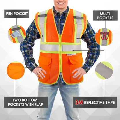 High Visibility Reflective Safety Vest with Zipper and Pockets Orange,M