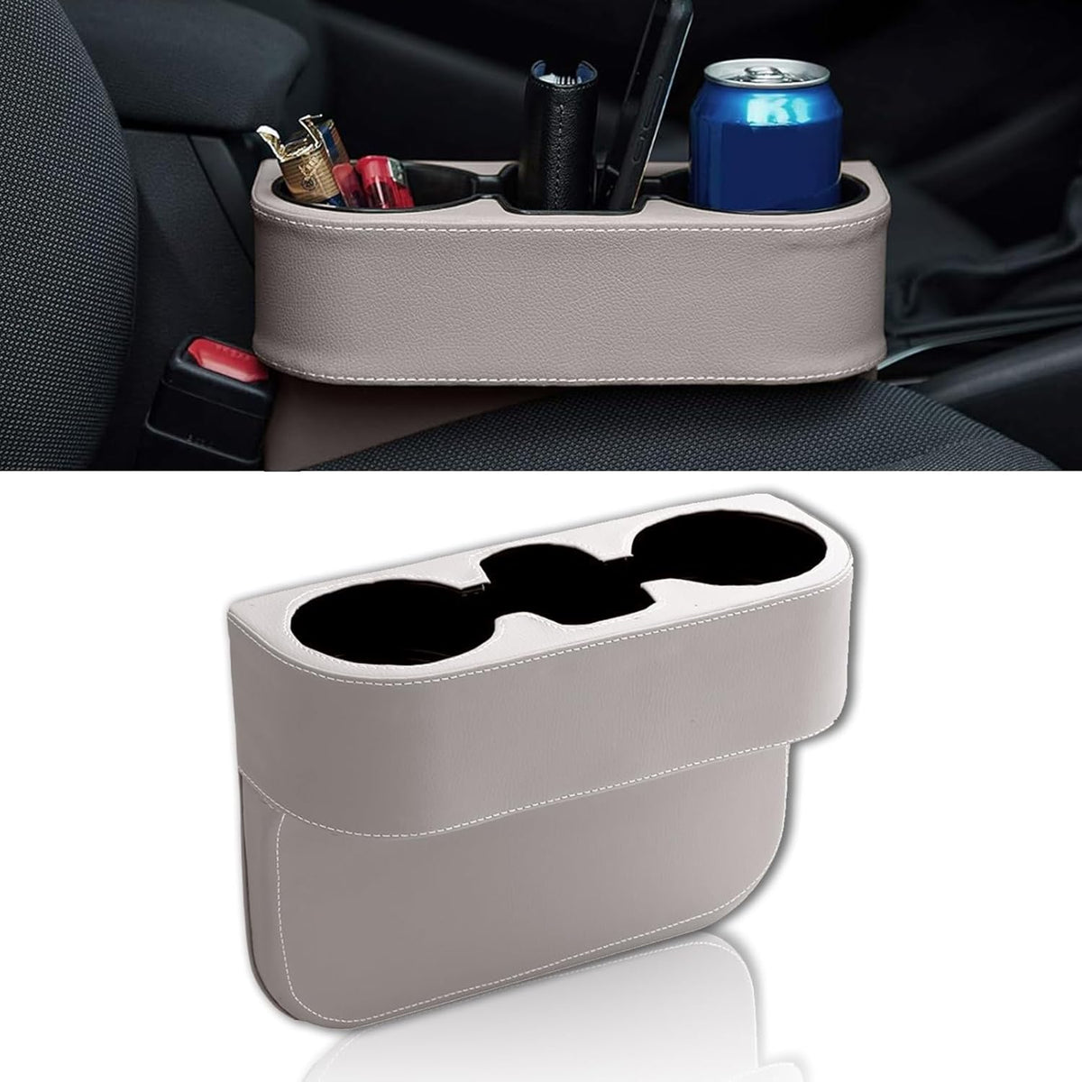 Car Cup Holder, PU Leather Auto Front Seat Organizer, Multifunctional Cup Drink Holders, Gap Filler Storage Box Coin Bucket Console Side Pocket Cell Mobile Phone Holder (Black)