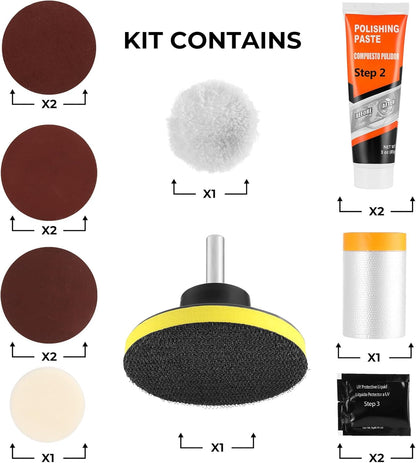 Headlight Restoration Kit, Polish Restore Cleaner Clean Tool DIY Polishing, Sanding Discs, Scouring Pads for Electric Drill, 3 Easy Steps to Restore Sun Damaged Car Headlights Lens