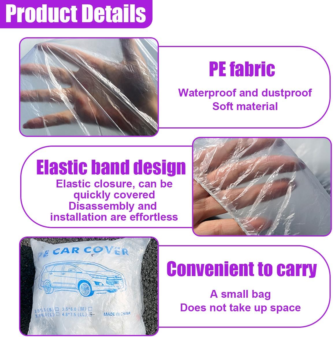 4PCS Disposable Car Cover, 12. 5 x 21. 7Ft Waterproof Clear Plastic Full Car Cover with Elastic Band, Universal Dustproof Auto Protective Cover, Car Exterior Accessories for Sedan, Truck, SUV