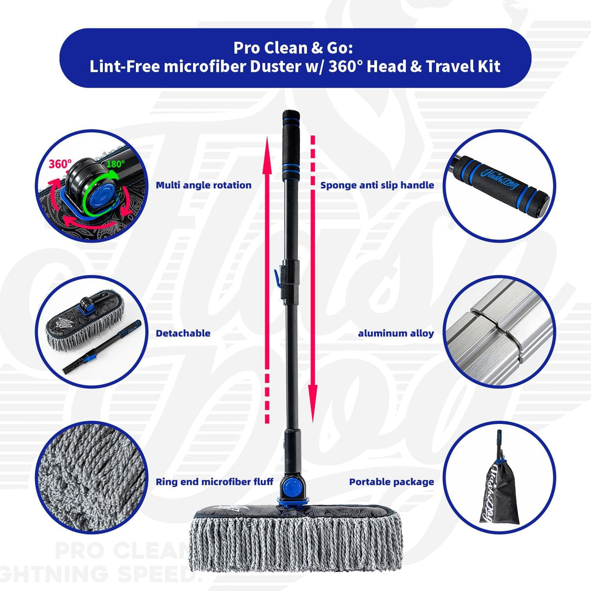Flash Dog Car Duster Exterior & Interior Duster Aluminum Alloy Extendable Handle and Wax Cotton Strands Scratch-Free Cleaning for Cars, SUVs, RVs | Waterless Dust & Pollen Remover