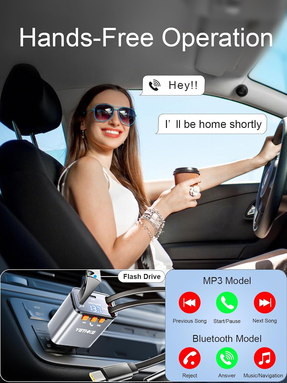 Bluetooth Car Adapter with Retractable Charger, FM Transmitter Bluetooth 5.4 for Cars, 4 in 1 Fast Car Phone Charger 69W, Handsfree Call, 2*Retractable Cable for iPhone 17/16/15/14, Galaxy-Black