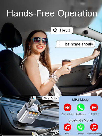 Bluetooth Car Adapter with Retractable Charger, FM Transmitter Bluetooth 5.4 for Cars, 4 in 1 Fast Car Phone Charger 69W, Handsfree Call, 2*Retractable Cable for iPhone 17/16/15/14, Galaxy-Black