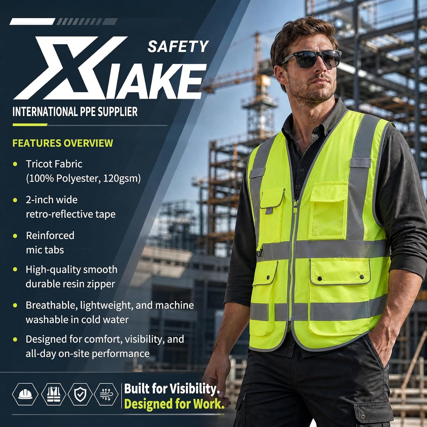 XIAKE Reflective Safety Vest for Men & Women High Visibility Class 2 Vest with Pockets Meets ANSI Standards