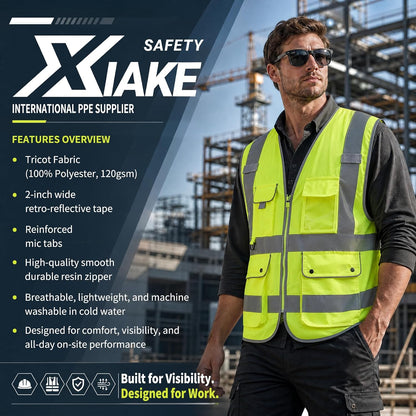 XIAKE Reflective Safety Vest for Men & Women High Visibility Class 2 Vest with Pockets Meets ANSI Standards