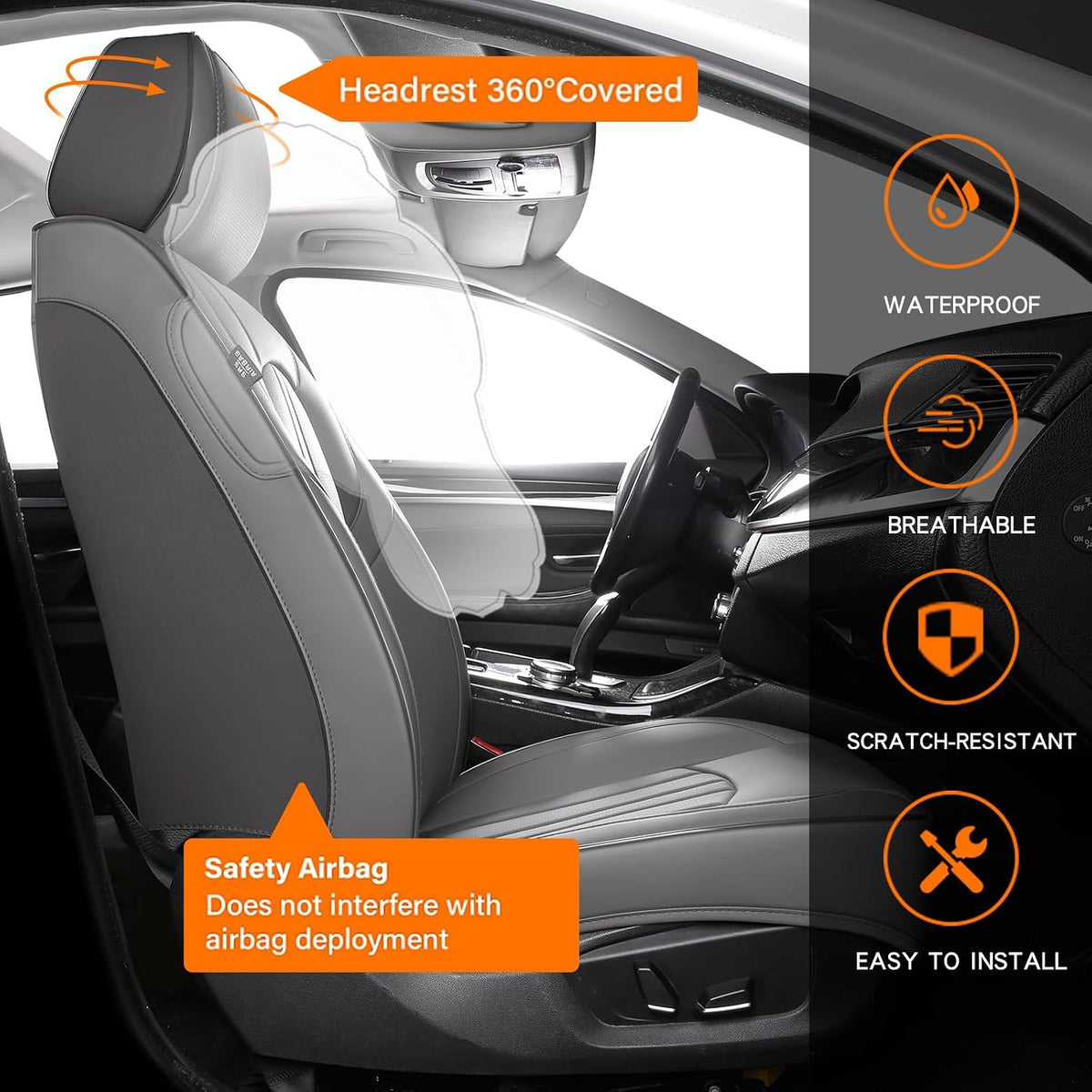 MINGBRON Car Seat Cover Full Set, Leather Car Seat Cover, Waterproof Seat Covers, Car Seat Cushion, Nappa Leather Seat Covers Car Seat Protector Universal Fit Most Cars Black