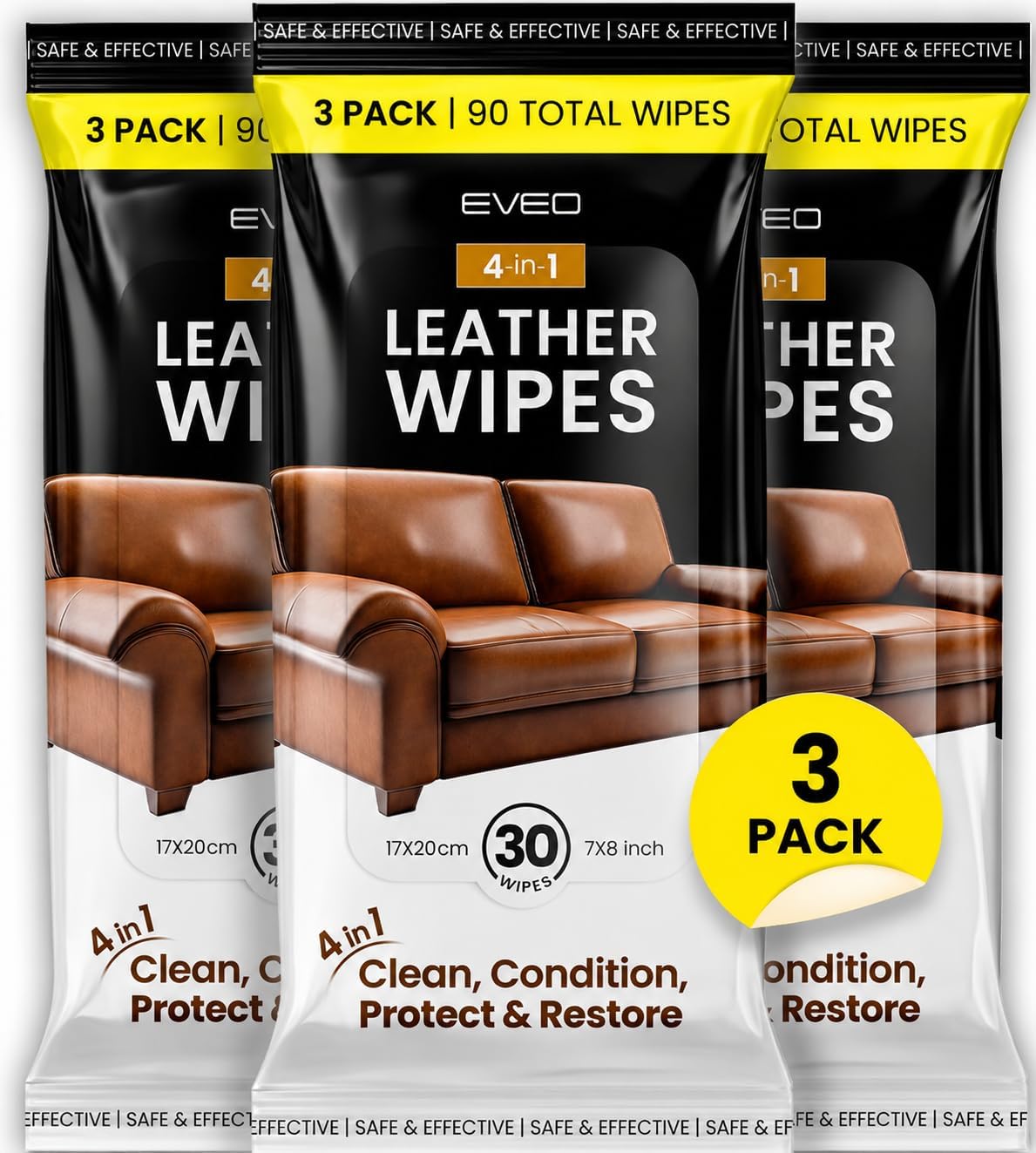 EVEO Leather Cleaner Wipes 4-in-1 Leather Cleaner and Conditioner for Furniture - Leather Couch Cleaner, Car, Shoes & Purses – UV Protection, XL Moistened Wipes Restore & Protect – 3 Pack (90 Total)